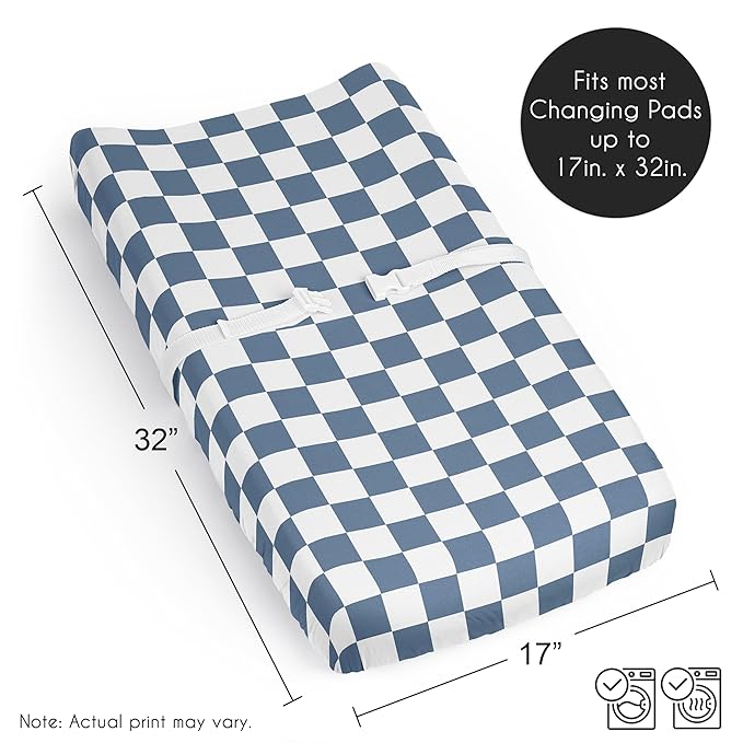 Sweet Jojo Designs Baby Changing Pad Cover Sheet (Blue Gingham Checkered Plaid) for Boys, Infant/Newborn Diaper Change Table Mat Covers (Vintage, Classic, Checkerboard, Geometric, Minimalist, Retro)
