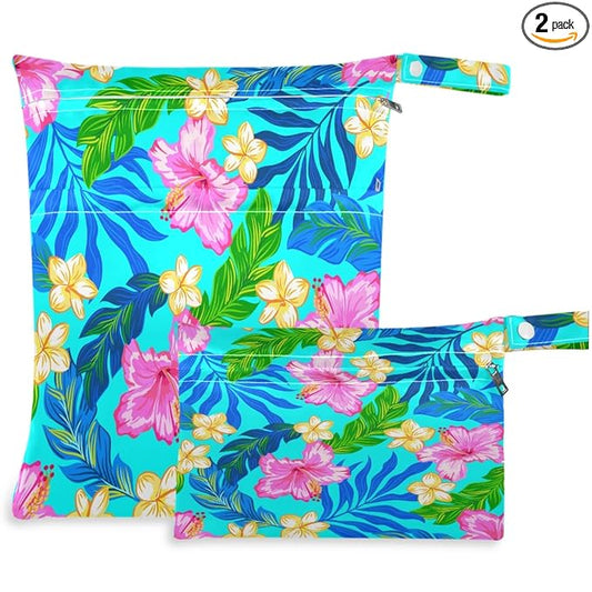 visesunny Tropical Hibiscus Floral Turquoise 2Pcs Wet Bag with Zippered Pockets Washable Reusable Roomy for Travel,Beach,Pool,Daycare,Stroller,Diapers,Dirty Gym Clothes, Wet Swimsuits, Toiletries