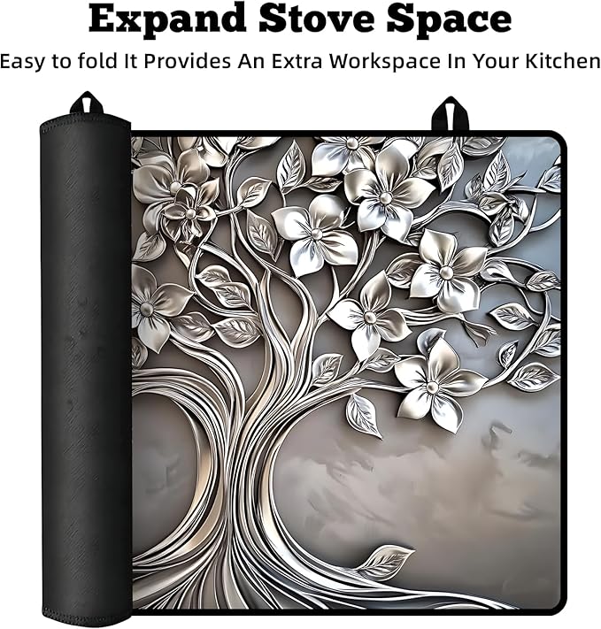 Multi-Design Stove Top Cover for Glass/Electric Stoves - 3-in-1 Heat-Resistant Protector Mat, Non-Slip Drying Rack 30"x21" (Silver-Tree)