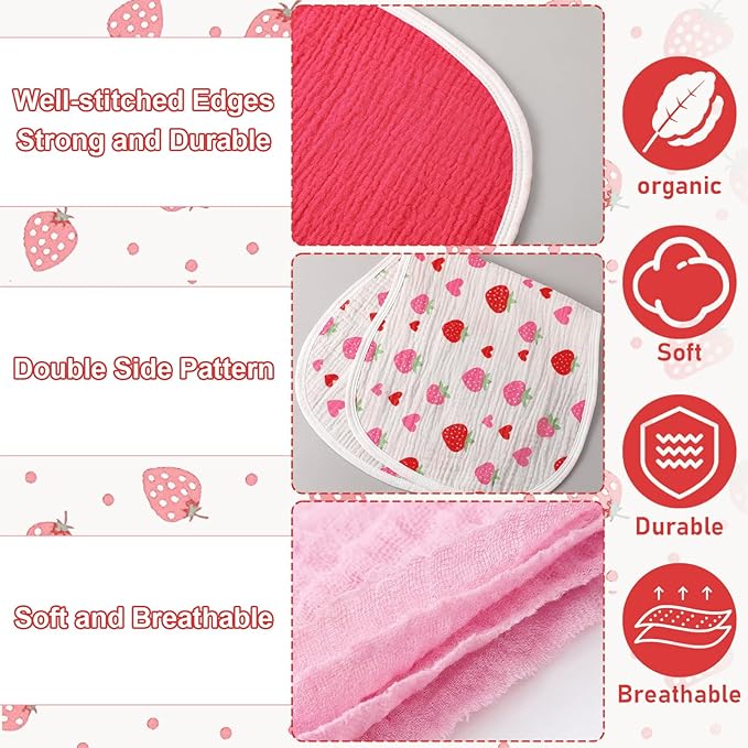 Hahafelt 4 Pcs Strawberry Baby Burp Cloths 100% Cotton Absorbent & Soft Burping Cloth Newborn Towel 2-in-1 Large Size Baby Spit up Burping Rags Set for Boys and Girls Infant Newborn