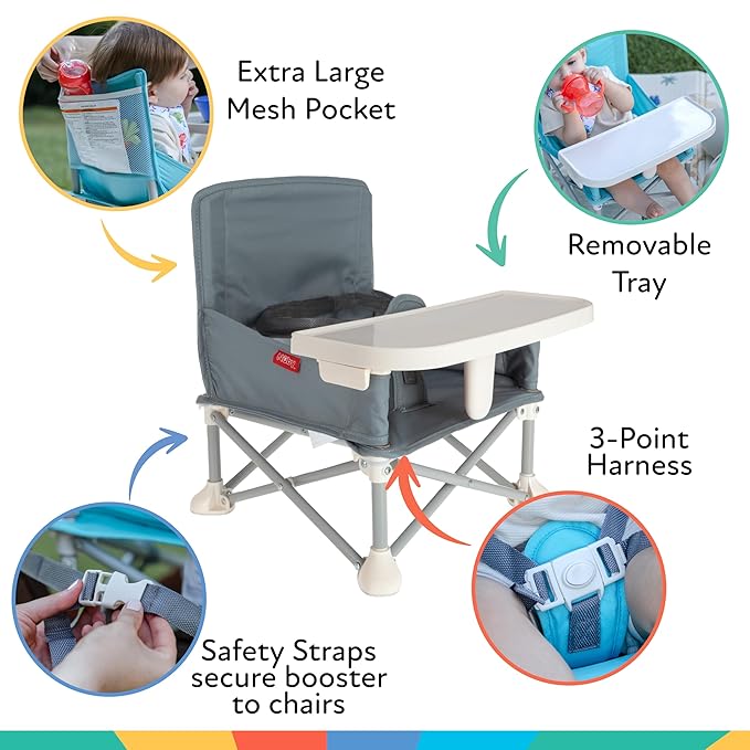 Nuby Pop-Up Booster Seat with Removable Tray - 6+ Months - Portable Booster Seat for Floor for Indoor/Outdoor Use - 3-Point Safety Adjustable Straps - Summer Travel Essentials - Gray