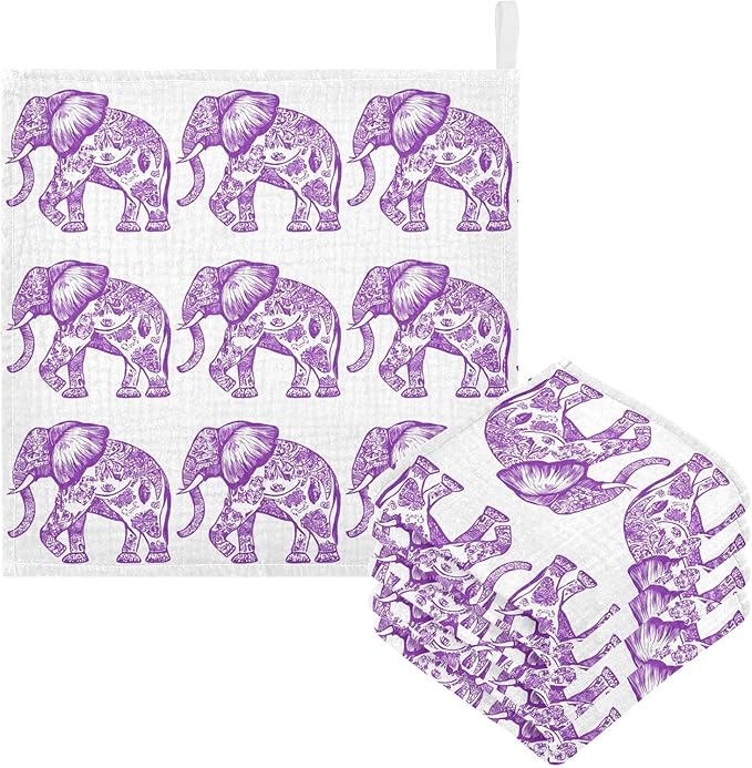 vvfelixl Baby Muslin Washcloths Purple Outline Elephant Baby Burp Cloths Cotton Babys Face Towel for Newborn Infants Boys Girls Soft and Absorbent 11.8 X 11.8 in, 3 Pack