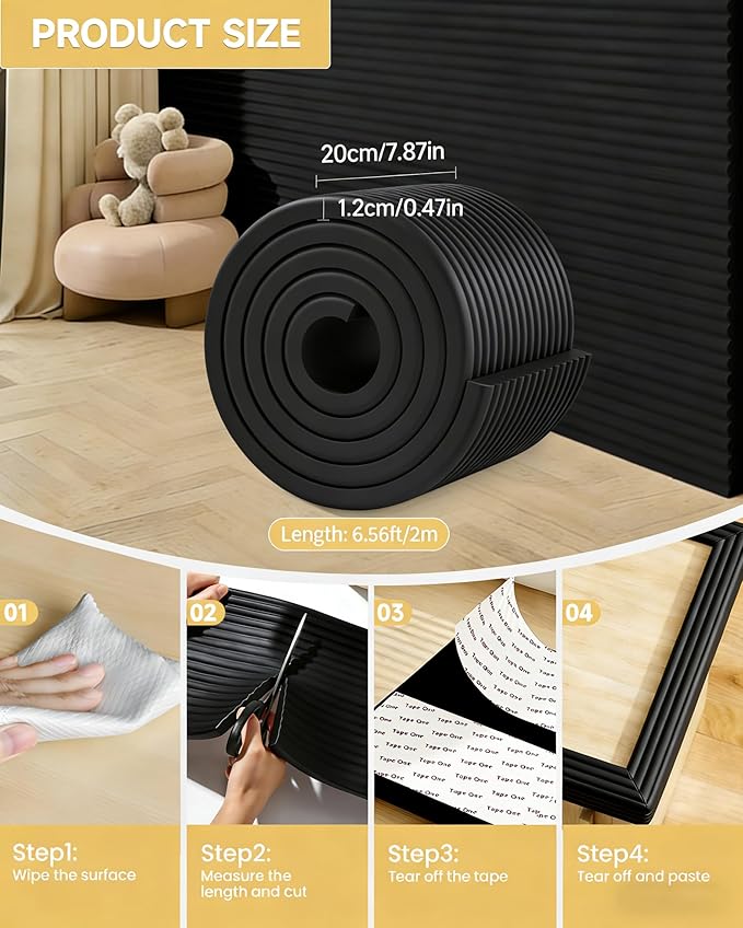 7.9''W Extra-Wide Edge Protector, 6.56FT 0.47''Th Baby Proofing Corner Guards, Safety Furniture Bumper, Pre-Taped, Thick Soft Rubber Foam Padding for Fireplace Table Stair Cabinet (Black)