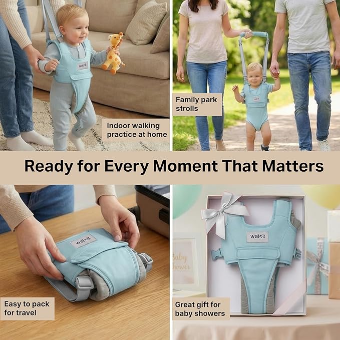Watolt Baby Walking Helper Harness - Help Toddlers Learn to Walk Stand Up with Adjustable Handheld Walker - Learning Assistance Safety Belt Harness Support for Babies 6 to 24 Months (Green)