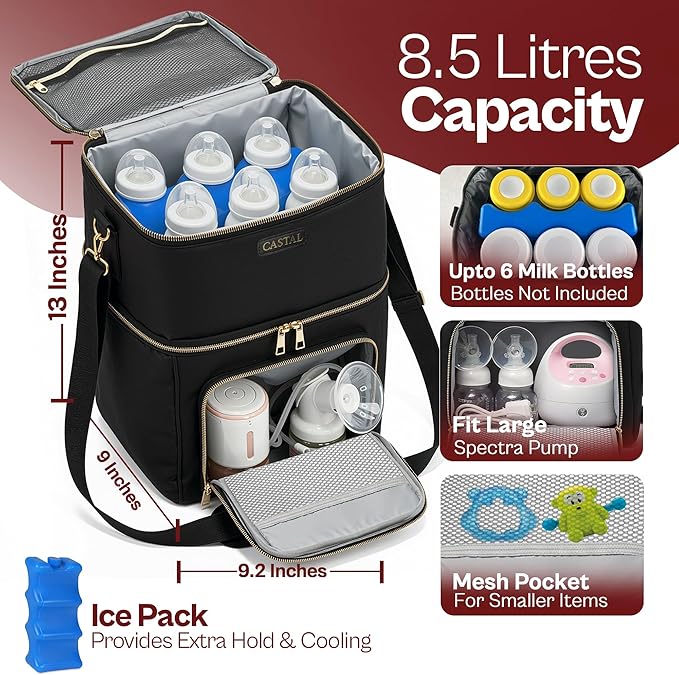 Castal Breast Pump Bag Spectra S1 S2–Insulated Spectra Pump Bag, Breastmilk Cooler Bag with Ice Pack–Leak-Proof Double Layer Breast Pump Travel Bag (Black)