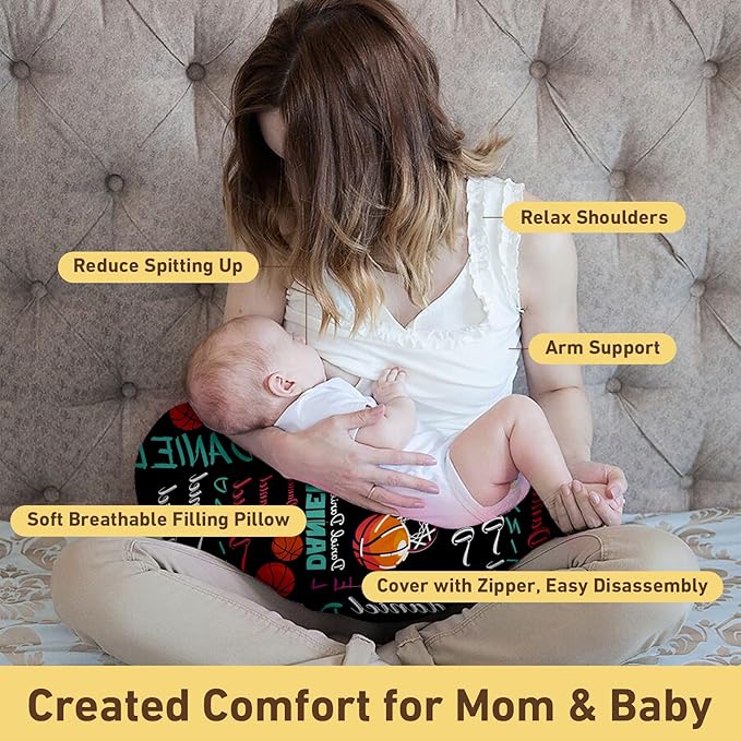 Baby Nursing Pillow Cover - Personalized Name Basketball Theme Breastfeeding U-Shaped for Bottle Feeding, Ultra Soft Comfortable Breastfeeding Pillow Cover for Infant Baby Boys and Girls