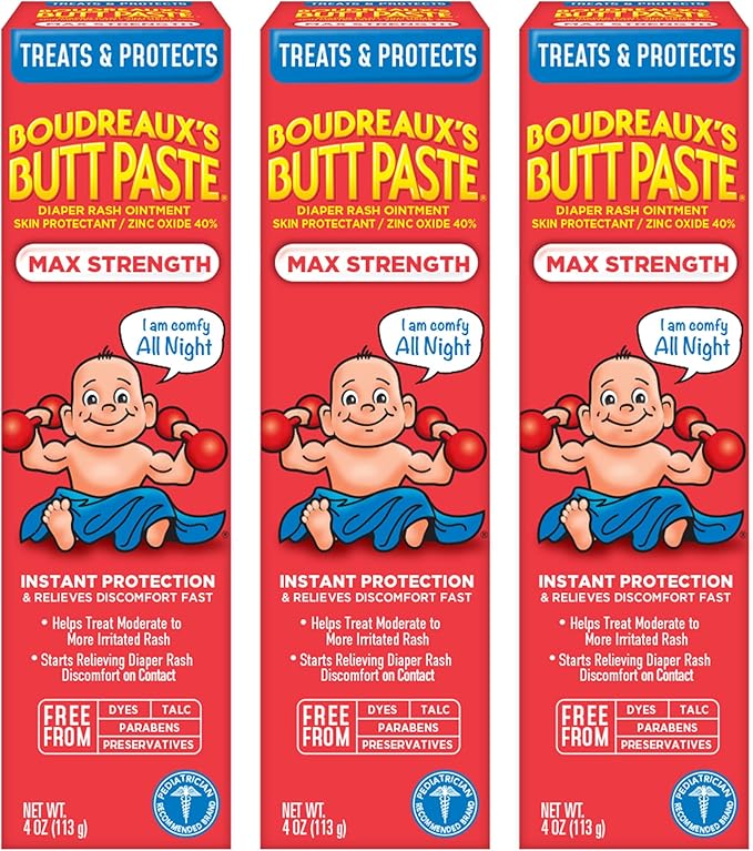 Boudreaux’s Butt Paste Diaper Rash Ointment, Baby Rash Cream Skin Protectant, Fast Relief for Diaper Rash, Soothing Barrier Cream, Maximum Strength, 4 Ounce Tube (Pack of 3)