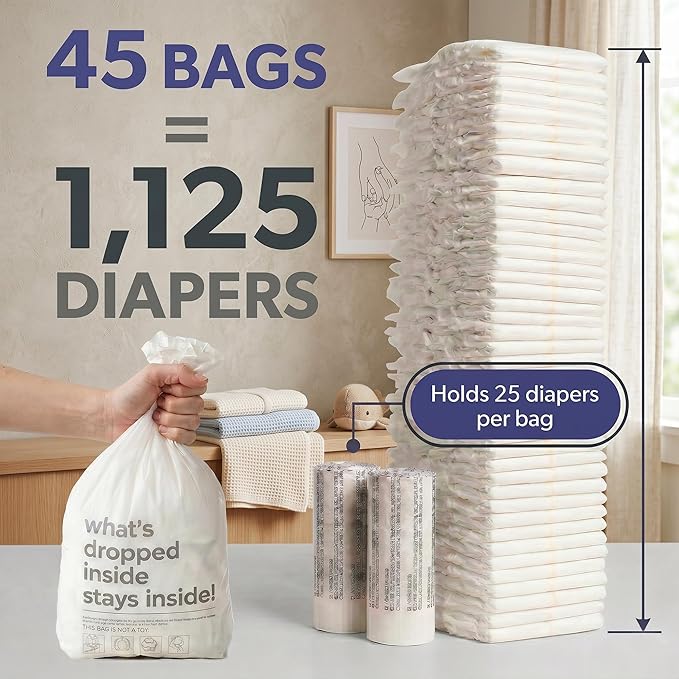 L.A. Baby Magic Diaper Bags - Diaper Pail Refill Bags 45 Count - Multi-Layer 100% Odor-Free Disposable Diaper Bag - Holds 1125 Diapers - Extra Strong No Leak