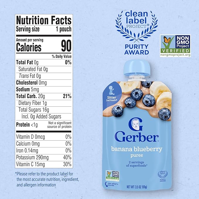 Gerber Stage 2 Baby Food, Banana Blueberry Puree Pouch, 2 Servings of Fruit, No Added Sweetener, No Artificial Colors or Flavors, 12-Pack
