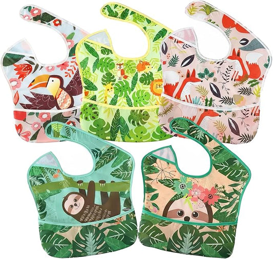 PandaEar 5 Pack Baby Bibs for Boys & Girls, Waterproof Adjustable Mealtime Bibs for Toddler 6-24 Months, Lightweight Soft