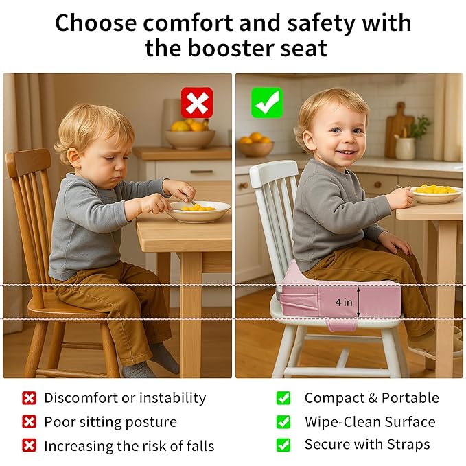 Toddler Booster Seat for Dining Table – PU Washable Cushion with Double Safe Straps, Non-Slip Bottom, Portable Travel Booster Seat for Toddlers (Pink)