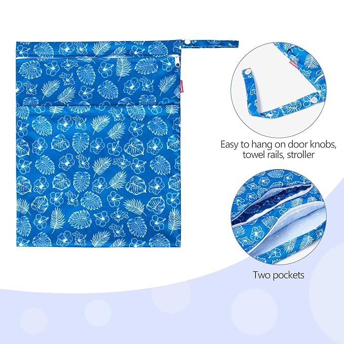 Damero 2 Pcs Wet Dry Bag for Cloth Diaper, Swimsuit, Clothes, Water-Resistant Reusable Wet Bag for Travel, Exercise, Beach, Pool, Daycare, Blue Flowers