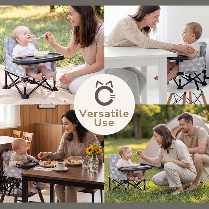 Toddler Booster Seat for Kitchen Chair & Travel - Portable Foldable with Removable Tray, Baby Camping Chair 6-36 Months Indoor Outdoor (White Cloud Design)