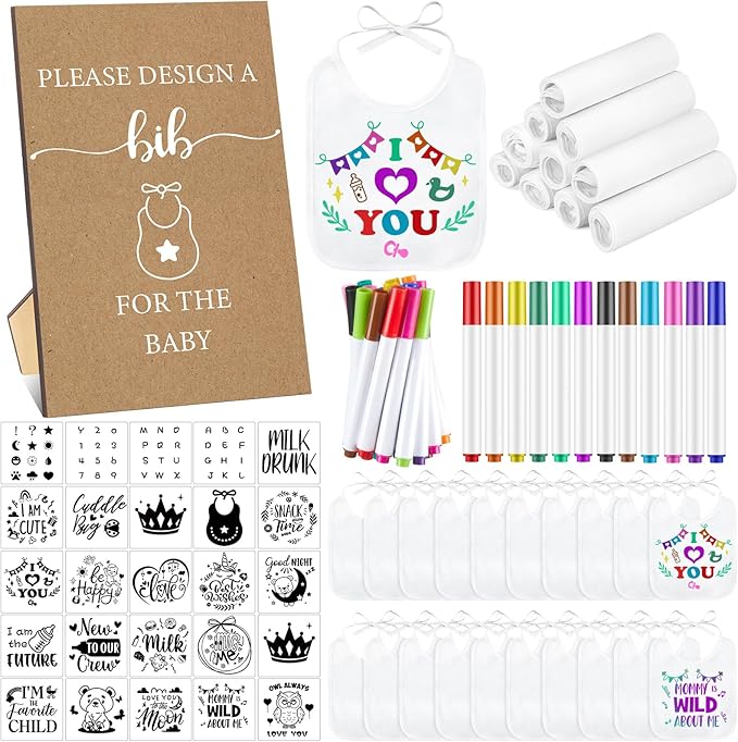 Panitay 100 Pcs DIY Baby Bibs Decorating Kit 50 White Bibs 25 Stencils 24 Markers 1 Baby Shower Game Sign