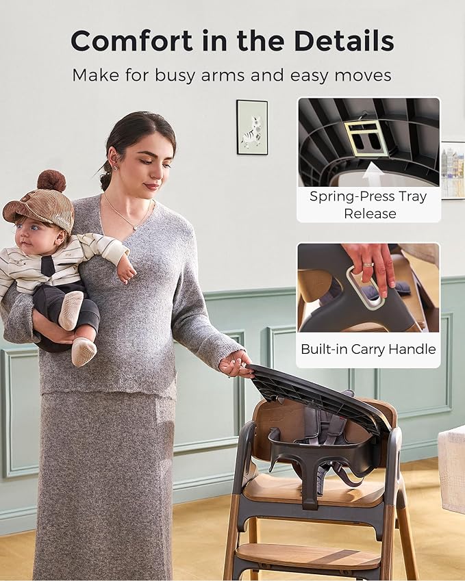 Momcozy High Chair, 5-in-1 Convertible Wooden High Chair with Food-Grade Tray, Baby Set with Removable Harness and Toddler Tower, Highchair for 6 Months to 308 lb, Adjustable & Ergonomic, Walnut