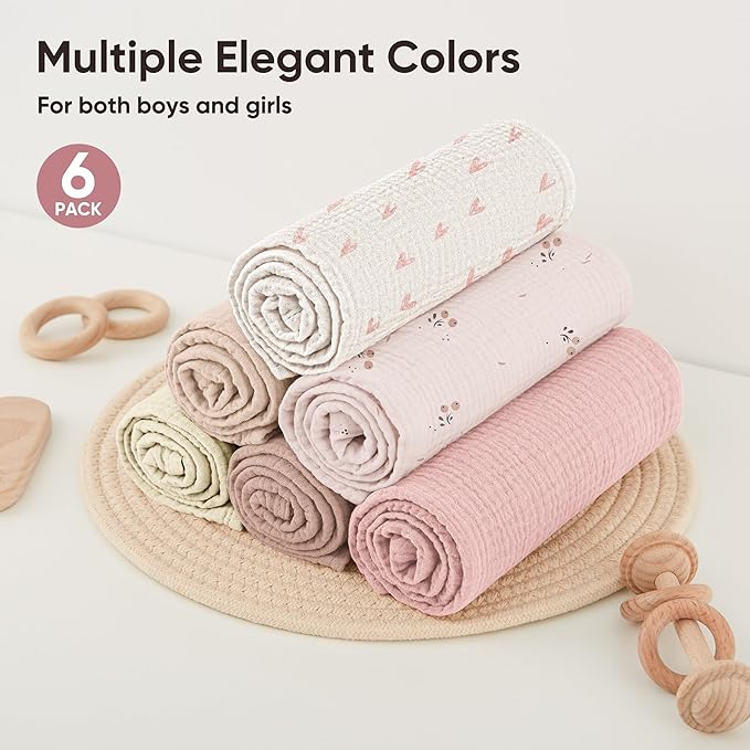 Bearmoss 6 Pack Large Muslin Burp Cloths, 100% Cotton Soft Baby Burping Cloths for Boy, Girl, 23.6" X 23.6" Absorbent Milk Spit Up Rags, Newborn Essentials (Pink Print)