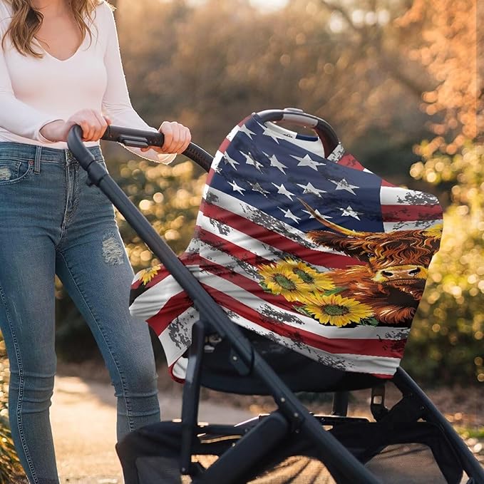 Belidome 4th of July Nursing Cover Up for Breastfeeding American Flag Nursing Cover Up Patriotic Carseat Canopy Highland Cow Sunflower Baby Girls Stuff