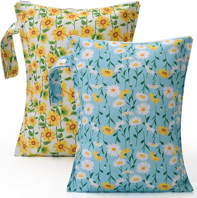 2PCS Waterproof Wet Bags for Baby Cloth Diaper,Reusable Travel Bags,Pump Parts,Beach,Pool,Gym Bag for Swimsuits&Wet Cloth Leak-proof Lightweight-Sunflower