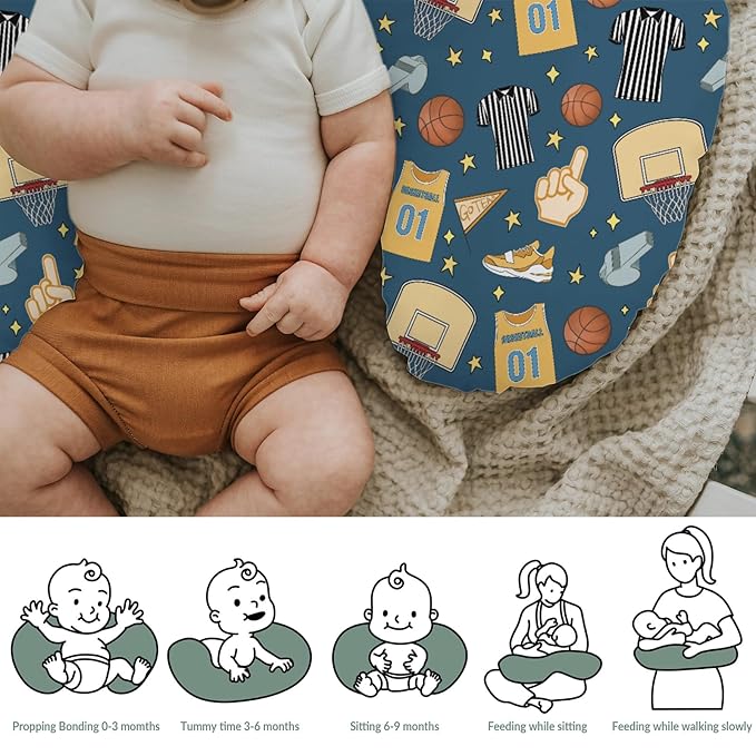 Basketballs Baby Nursing Pillow Covers for Boy Girl Basketballs Fan Stars Suits Nursery Pillowcase for Breastfeeding Pillows Outdoor Sports Lovers Gift Soft Stretchy Slipcover for Newborn Infant