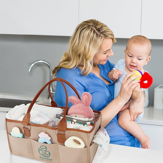 Diaper Caddy Organizer for Baby Essentials, Portable Nursery Storage Bin with Handles, Large Capacity for Diapers, Wipes, Toys, Changing Table or Car, Felt Diaper Organizer