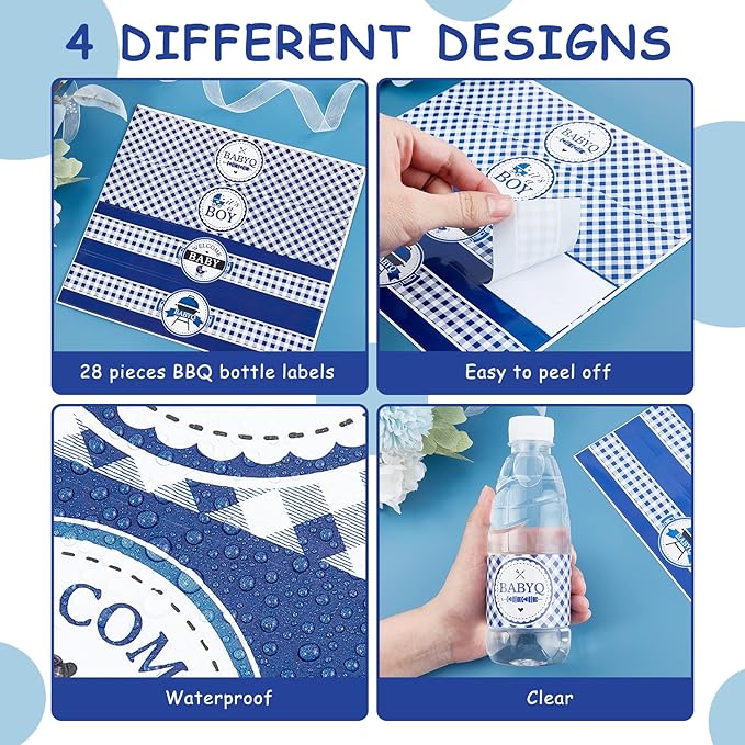 24PCS BBQ Baby Shower Water Bottle Labels, Barbecue Baby Shower Waterproof Self Adhesive Water Bottle Labels for Cookout BBQ Babyq Shower Decorations Boy Blue