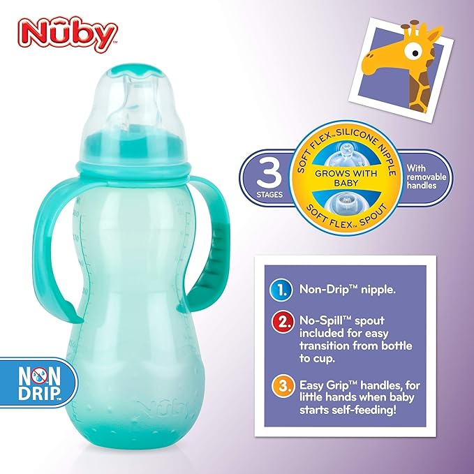 Nuby Non-Drip 3-Stage Grow Nurser, Colors May Vary, 11 Oz