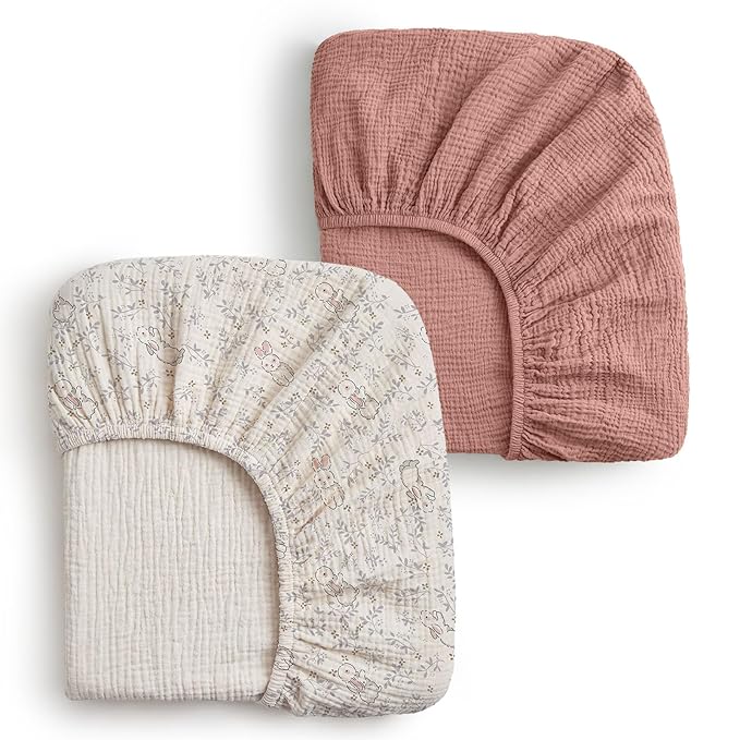 Blissful Diary Muslin Changing Pad Cover for Baby Girls, Ultra Soft Breathable Cotton, Baby Diaper Change Table Pad Covers, 2Pack (Blush Bunny & Dusty Pink)