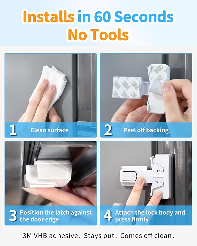 Yunkey Child Safety Fridge Lock — Auto-Lock Design, One-Hand Open & Self-Locking Close — Helps Keep Toddlers & Pets Out — 3M Strong Hold & Clean Removal | White, 1-Pack
