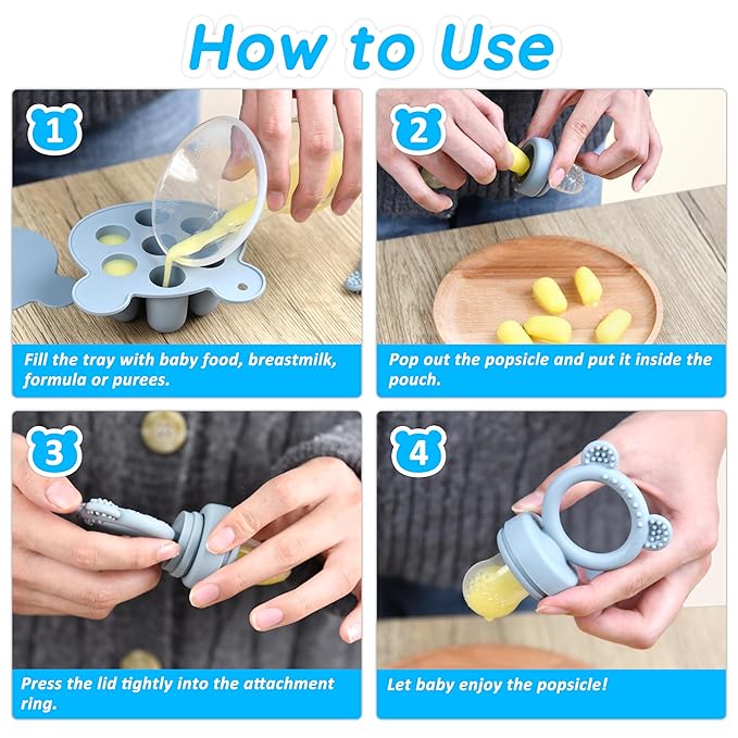 Silicone Baby Food Feeder & Freezer Tray Set, Self Feeding Teething Toy, Breast Milk Popsicle Mold, BPA Free for 3+ Months, Additional Silicone Pouches