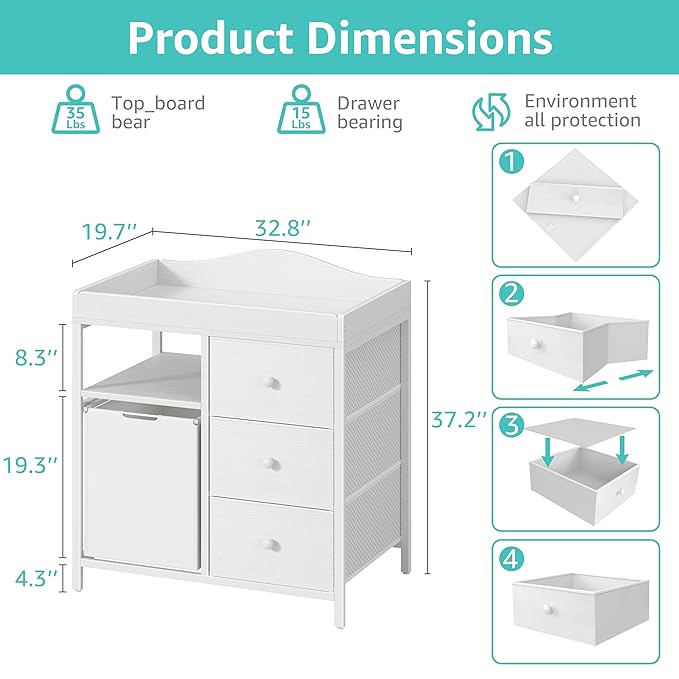 BOLUO White Changing Table with 3 Fabric Drawers and Laundry Hamper, Baby Dresser with Changing Table Top, Nursery Diaper Changing Station with Storage Modern