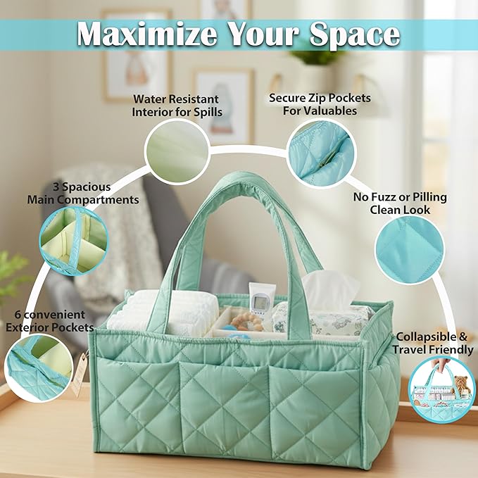 Baby Diaper Caddy Organizer, Nursery Storage Basket for Newborn Essentials, Travel Baby Basket for Diapers Baby Wipes, Organizer Tote Bag Storage Bin, Baby Shower Gifts (Mint Green)