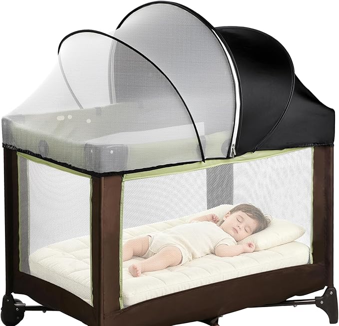 Pack N Play Tent Cover - Half-Blackout Mosquito Net for Crib & Playpen, Baby Bassinet Cover for Cats with 2-Way Zipper, Sun-Blocking Bug Net for Travel Crib (Black-Large)