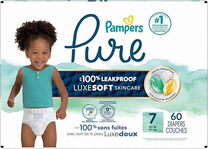 Pampers Baby Diapers - Pure Protection - Size 7, 60 Count, for up to 100% Leakproof, Premium Plant-based Skin Protection