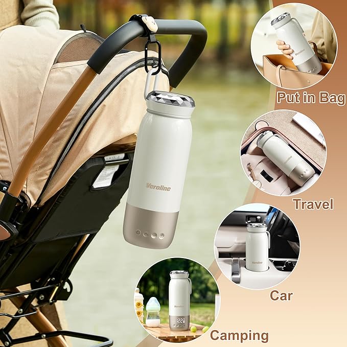Portable Bottle Warmer for Travel, 18.6 Oz Portable Milk Warmer, 98-212℉ Adjustable, Baby Bottle Warmer On The Go with 12000mAh Battery, Fast Heating Water Warmer with Keep Warm & Sterilization