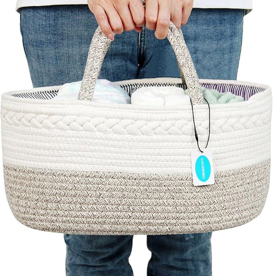 Casaphoria Caddy Organization Woven Cotton Rope Basket storage Caddy or Gift, Soft Circular Basket with Handle, Cotton Material,Light Brown(15.5"x10"x7.5")