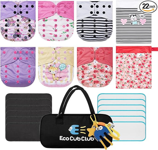 Reusable Washable Cloth Diapers 6pcs for Baby Shower,Leak-Proof Double Gussets Quick-Dry AWJ Lining,12 Soft Fleece Inserts & 2 Wet Bags,Packed in Durable Travel Handbag&Key Chain-G-08-A