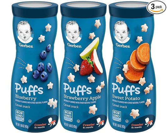 Gerber Graduates Puffs Cereal Snack Variety Pack - Blueberry, Strawberry-Apple, Sweet Potato 1.48 Ounce (Variety Pack of 3)