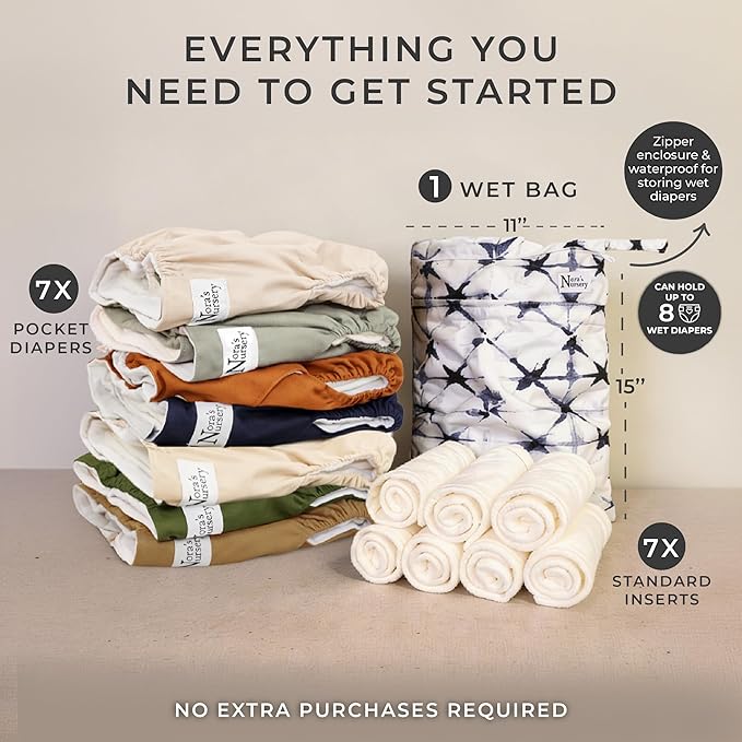 Nora's Nursery Cloth Diapers for Babies (Down to Earth) – 7 Adjustable Baby Reusable Diapers, 7 Inserts & 1 Wet Bag From Newborns to Toddlers – One-Size Pocket No-Leak, Washable Design to Reduce Waste