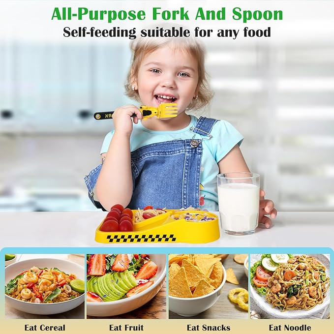 Construction Utensils for Toddlers - Motorcycle Toddler Forks - for Utensils Gift - Forks and Spoons Silverware Set - Ideal for School Lunch, Travel, Outdoors - Yellow