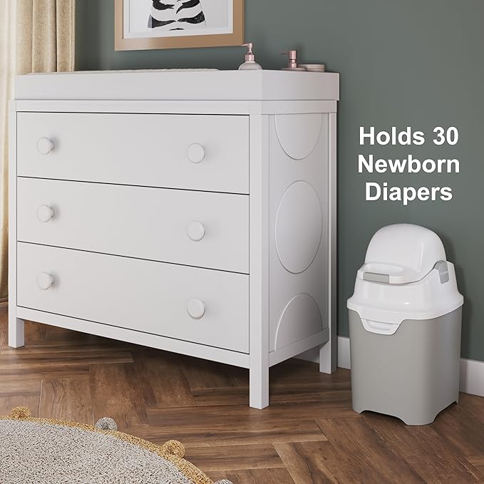 Foundations Mini Diaper Pail with Airtight Lid, Durable & Odorless Diaper Disposal, Large Capacity, Holds up to 30 Newborn Diapers, Refill with Any Bags, Baby Registry Gift - White
