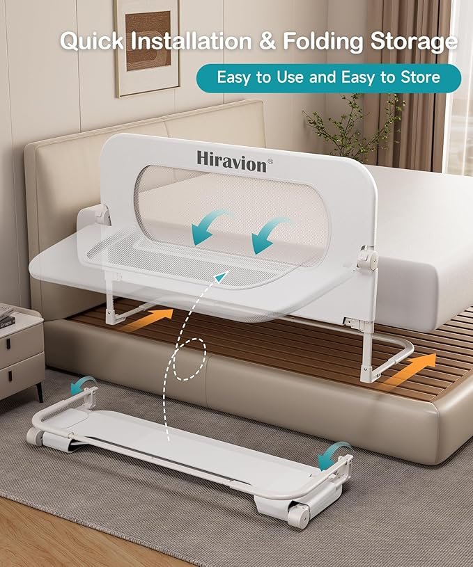 Bed Rail for Toddlers, Baby Bed Rail Guard with U-Shape Base, Height Adjustable & Foldable Toddler Bed Rails for Full Size, Queen, King, Twin (White, 59in)