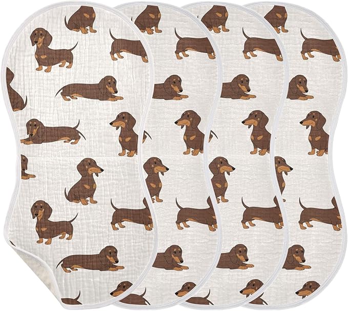 4 Pack Muslin Burp Cloths Dachshund Dogs Cute Cotton Baby Burp Cloths Ultra Absorbent Burping Cloth Soft Spit Up Rags for Newborn Babies 22x11 Inch