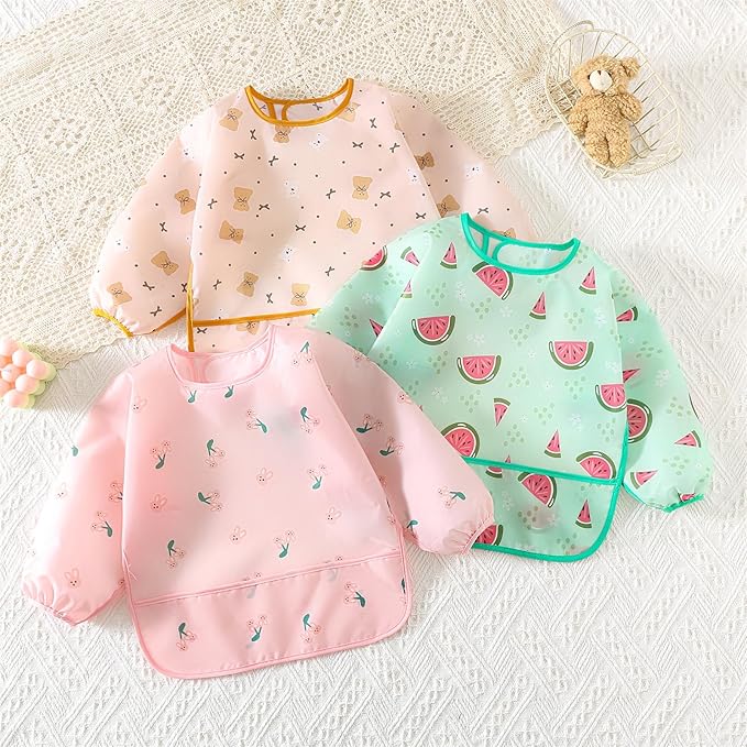 Long Sleeved Bibs,5 PCS Waterproof Wearable Bibs with Sleeves,Baby Feeding Smock 6-30 Months