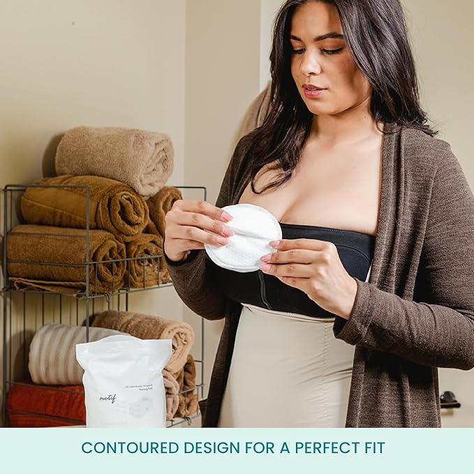 Motif Medical Disposable Nursing Pads for Women - Breathable Breast Milk Pads w/ Adhesive Strips - Individually Wrapped, Contoured Nursing Breast Pads - Nipple Covers for Breastfeeding (Pack of 60)