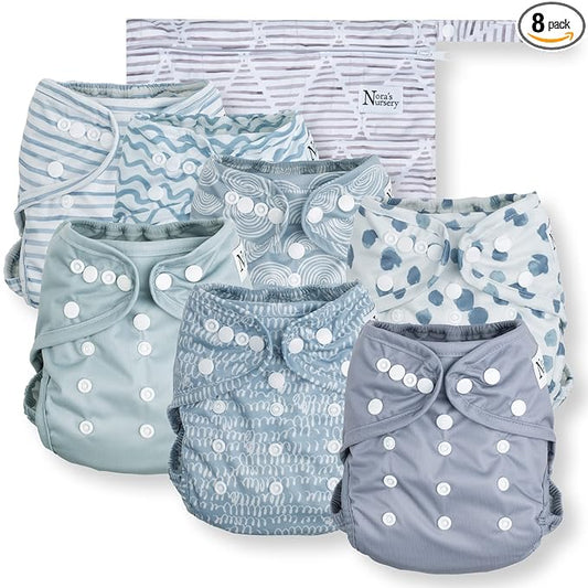 Nora's Nursery Cloth Diaper Cover, Reusable Cover with Snap Closure, Shell for Prefold, Flat, or Fitted Inserts, Includes Wet Bag - Something Blue