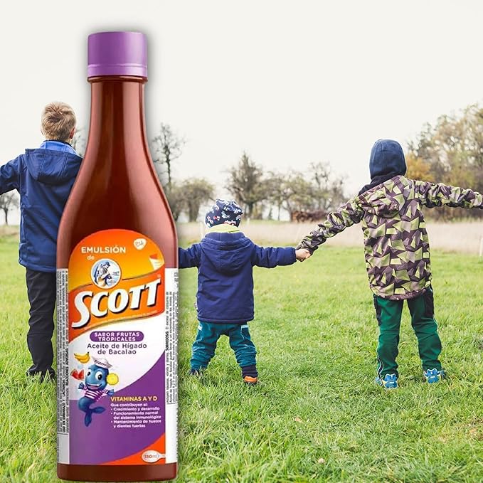 DECA EXPERTS Emulsion de Scott Aceite de hígado de bacalao sabor Frutas Tropicales Pack de 2 de 6.1 fl oz - 180 ml - con vitamina A y Calcio, suplemento dietético para niños, despensa Colombiana