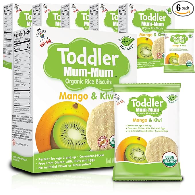 Toddler Mum-Mum Organic Rice Biscuits, Mango & Kiwi | 24 Count (Pack of 6) | Gluten Free, Allergen Free, Non-GMO | Toddler Snacks, Rice Rusk, Cracker, Cookies for Babies