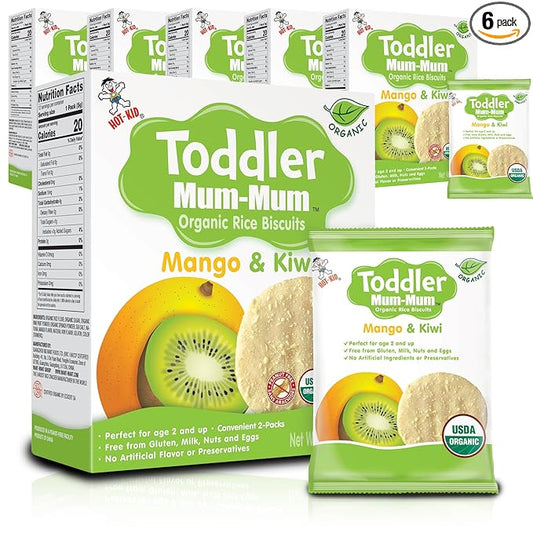 Toddler Mum-Mum Organic Rice Biscuits, Mango & Kiwi | 24 Count (Pack of 6) | Gluten Free, Allergen Free, Non-GMO | Toddler Snacks, Rice Rusk, Cracker, Cookies for Babies