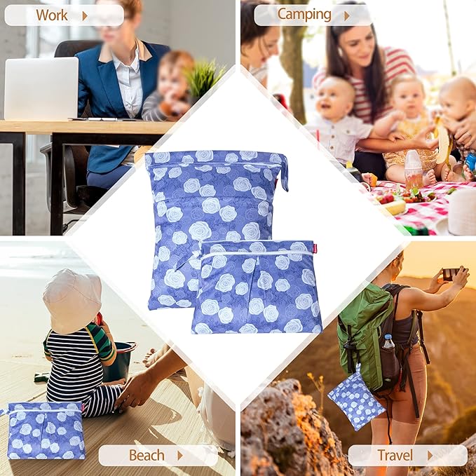Damero 2 Pcs Wet Dry Bag for Cloth Diaper, Swimsuit, Clothes, Water-Resistant Reusable Wet Bag for Travel, Exercise, Beach, Pool, Daycare, Purple Flowers