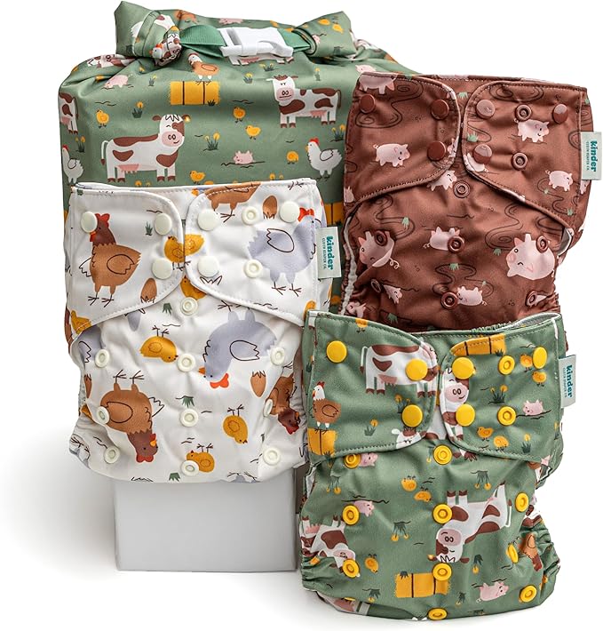 Kinder Cloth Diapers Reusable Baby Diapers Pocket Style Athletic Wicking Jersey, Wet Bag, Newborn to Potty Training 7-60lbs, One Size, Inserts NOT Included (On the Farm, 3 Pack, Without Inserts)